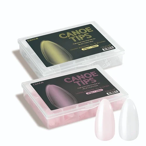 DIAMI CANOE Tips in Peach and Clear, with packaging and nail tip samples